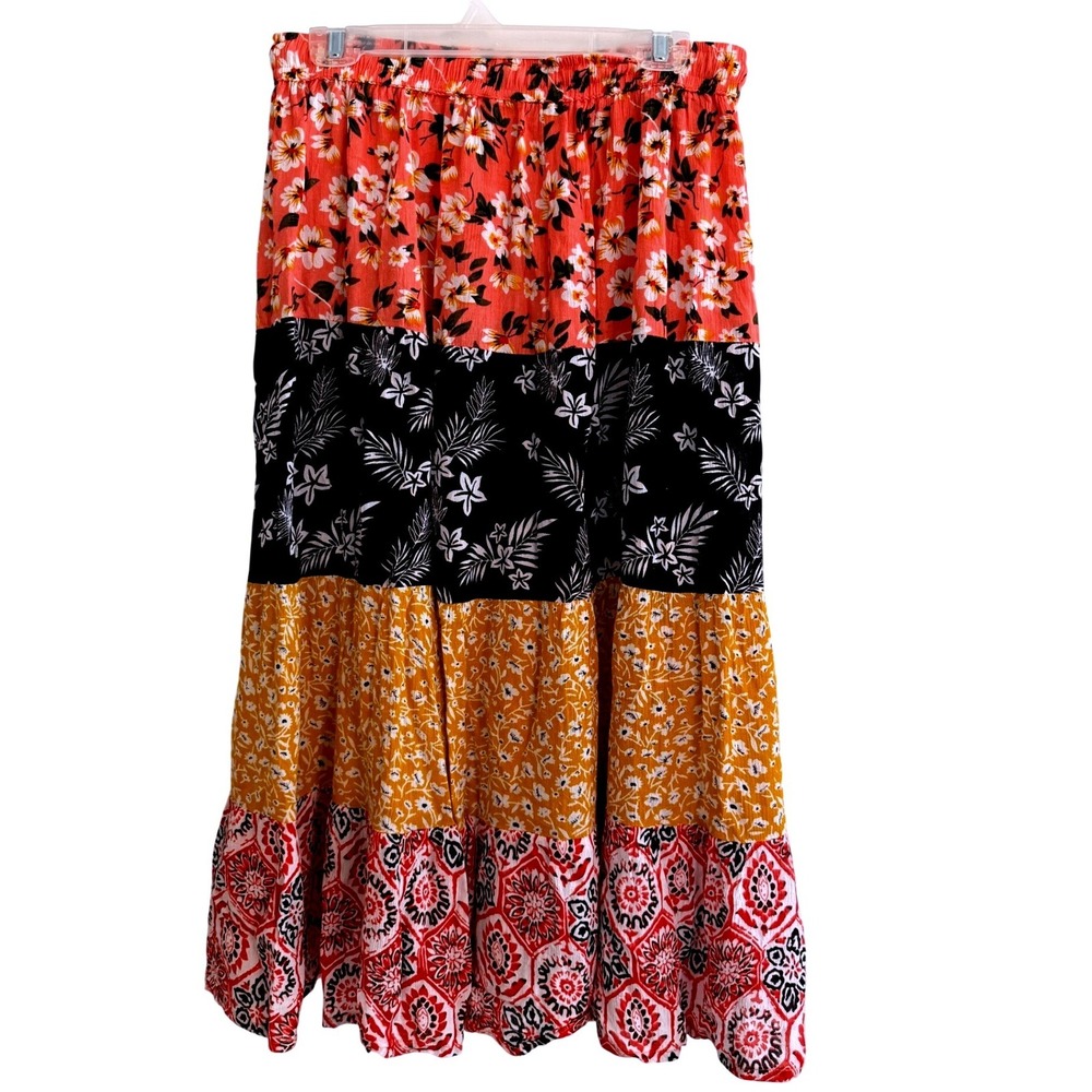 Boho Hippie Jackpot Skirt One Size Multicolor Floral Tiered Maxi Geometric Long